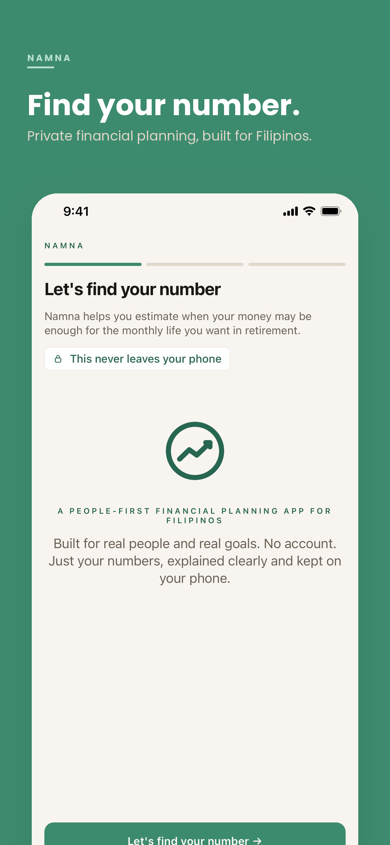 Namna onboarding screenshot inviting the user to find their number