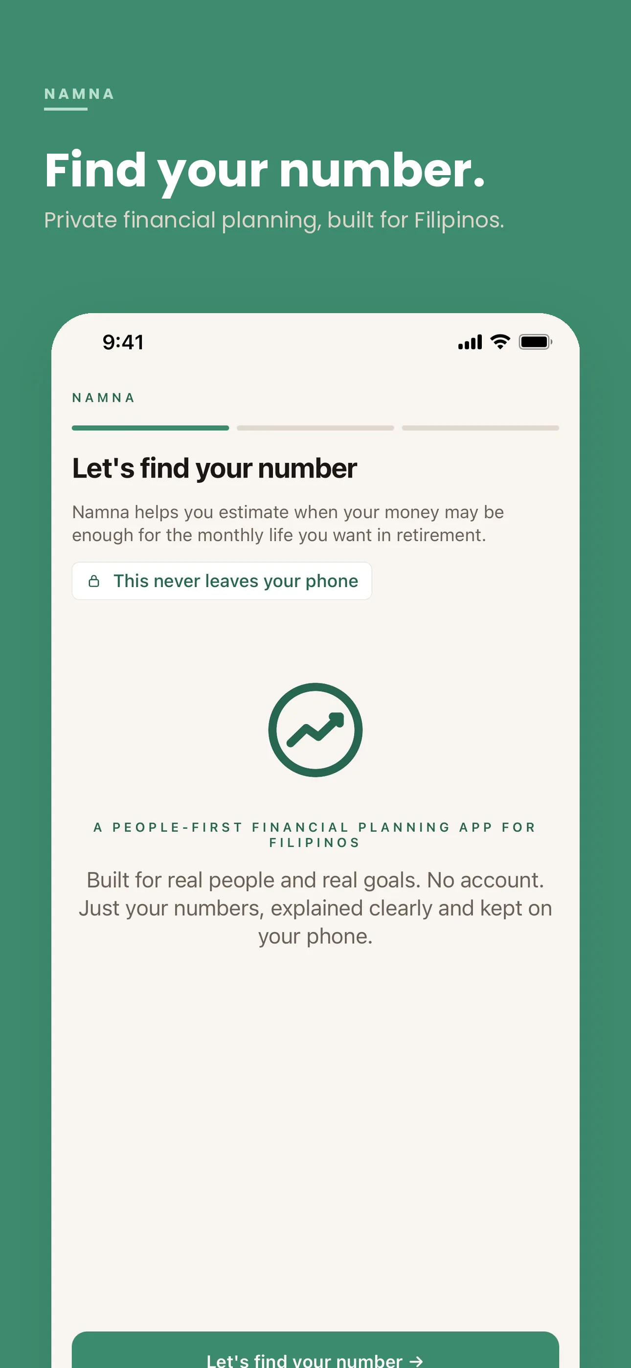 Namna onboarding screenshot asking when your money may be enough
