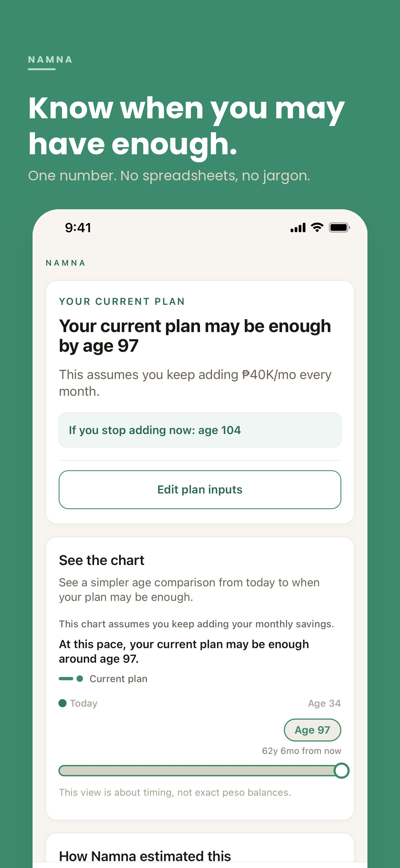 Namna hero screenshot showing the current estimate and planning summary