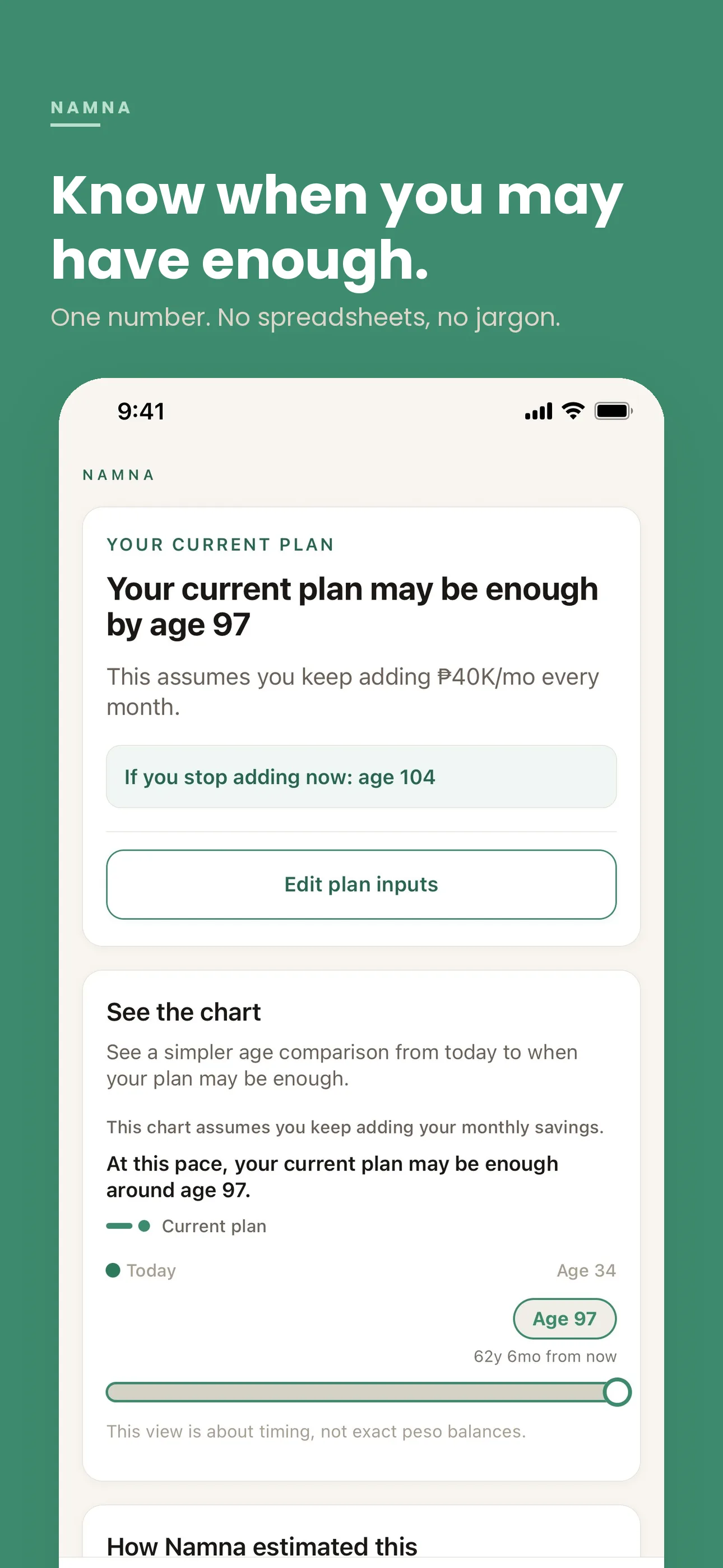Namna estimate screen showing when the current plan may be enough