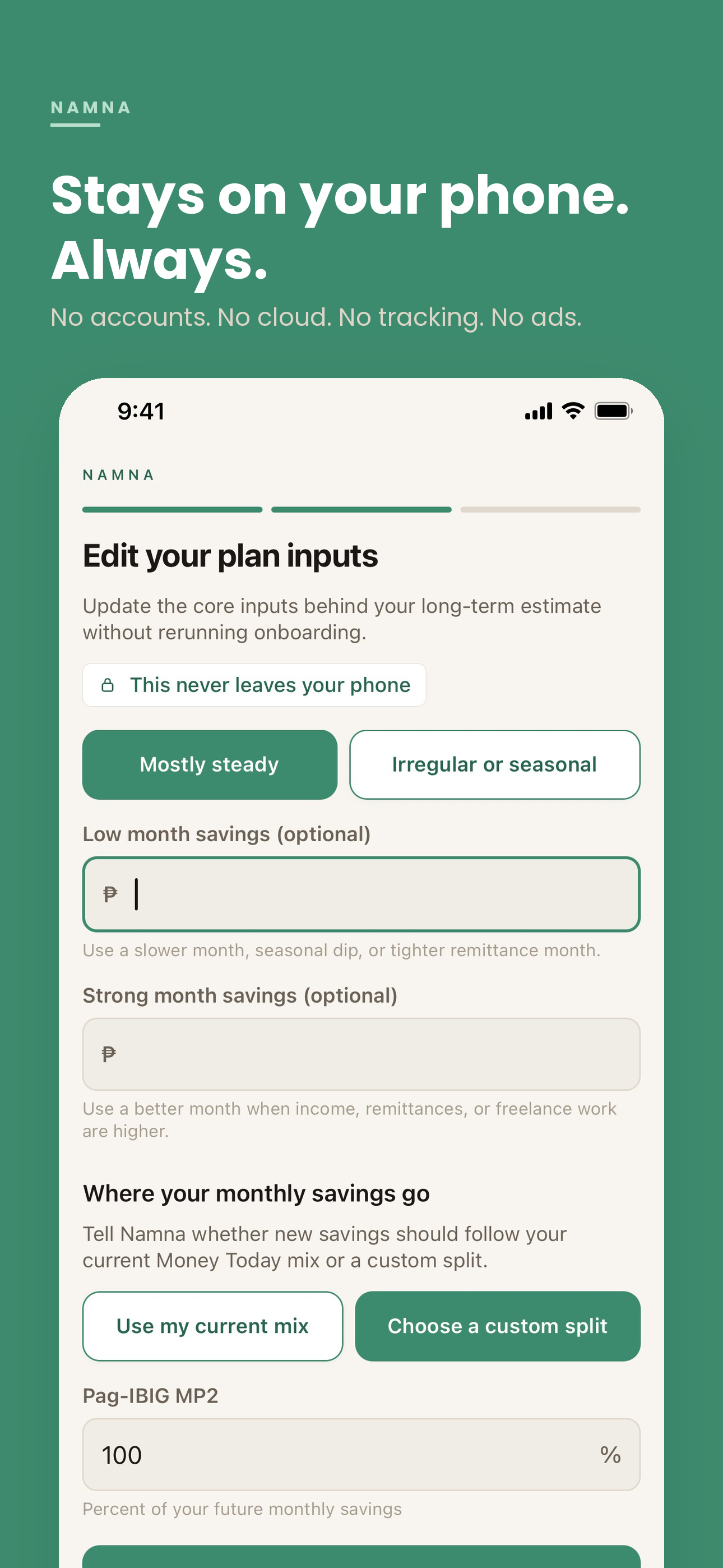 Namna privacy screenshot showing private on-device storage